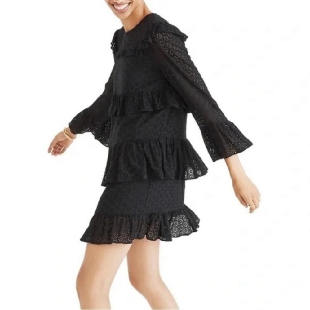 Madewell | Waterlily Ruffle Eyelet Mini Dress Black Tiered Bell Sleeve Witchy